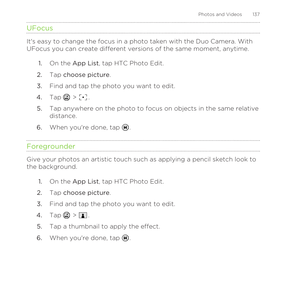 Ufocus, Foregrounder | HTC One M8 for Windows User Manual | Page 137 / 204