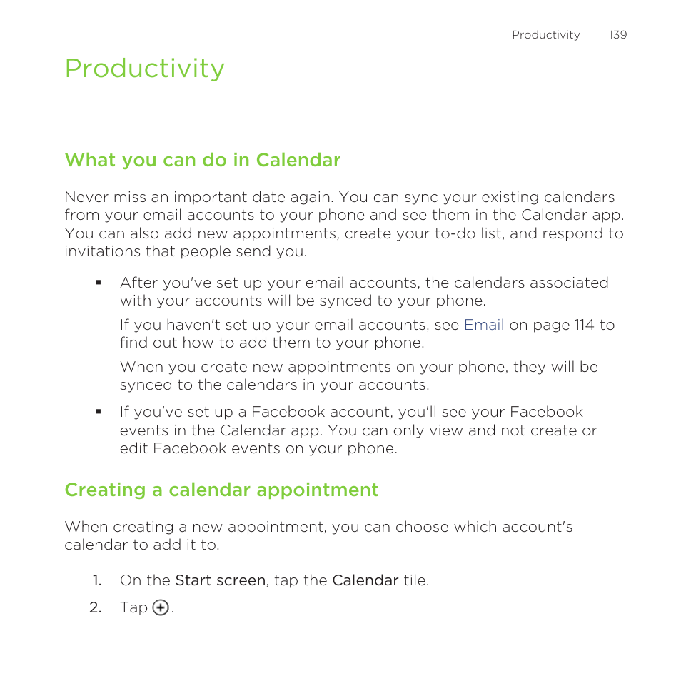 Productivity, What you can do in calendar, Creating a calendar appointment | HTC One M8 for Windows User Manual | Page 139 / 204