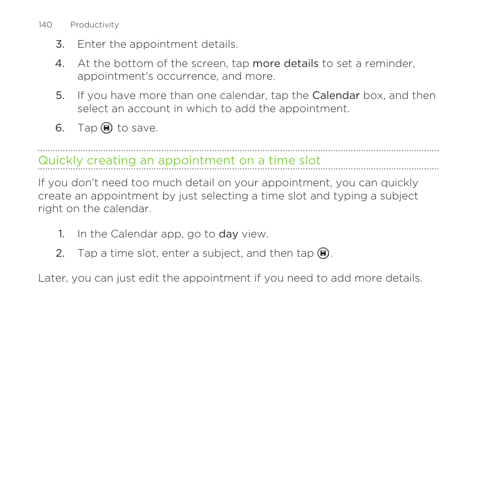 Quickly creating an appointment on a time slot | HTC One M8 for Windows User Manual | Page 140 / 204