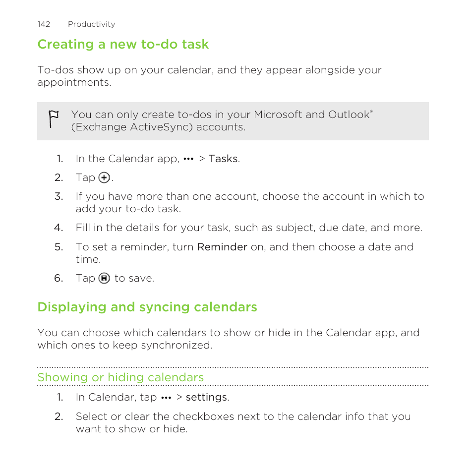 Creating a new to-do task, Displaying and syncing calendars, Showing or hiding calendars | HTC One M8 for Windows User Manual | Page 142 / 204