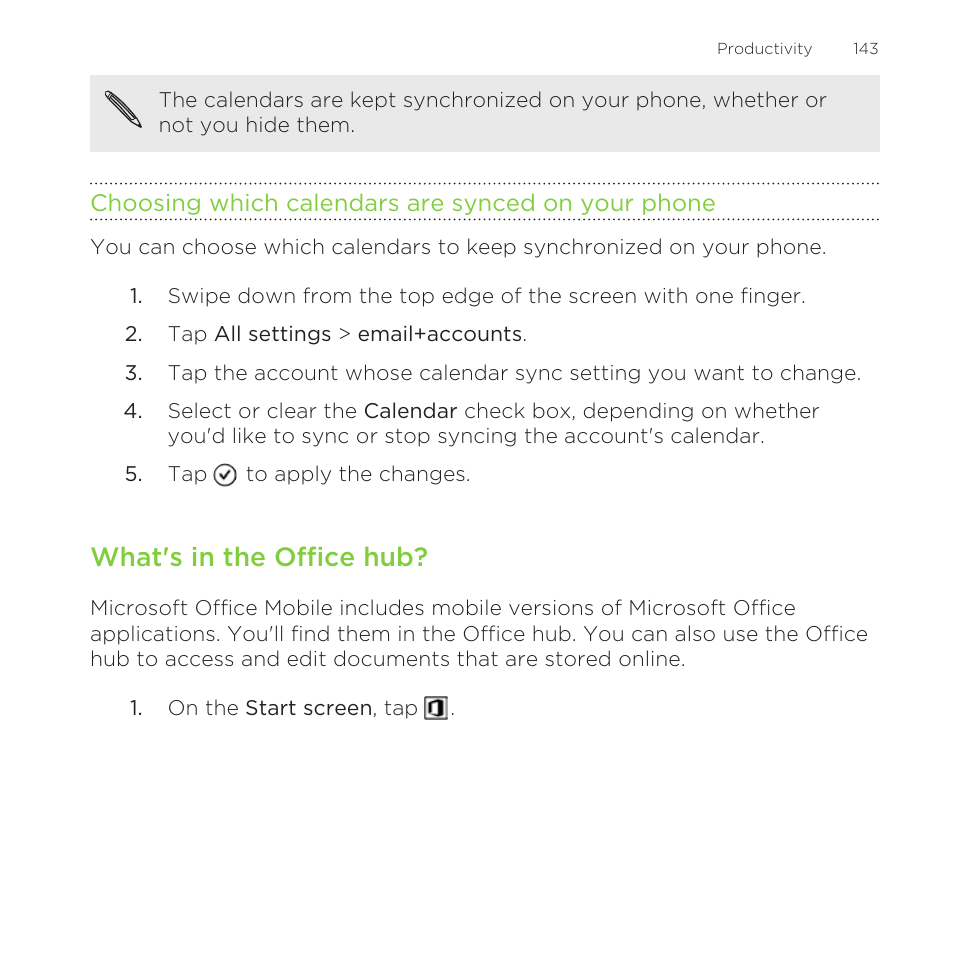 Choosing which calendars are synced on your phone, What's in the office hub | HTC One M8 for Windows User Manual | Page 143 / 204