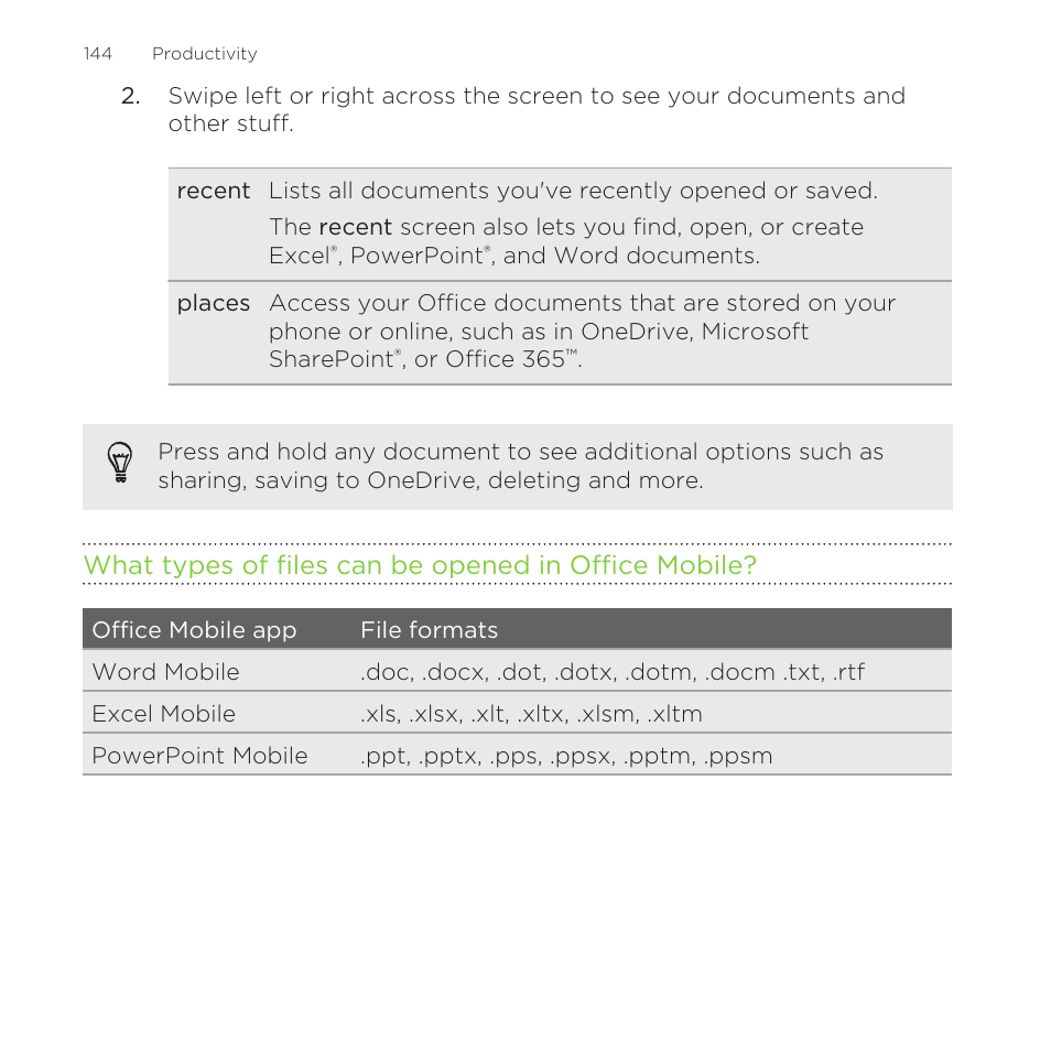 What types of files can be opened in office mobile | HTC One M8 for Windows User Manual | Page 144 / 204