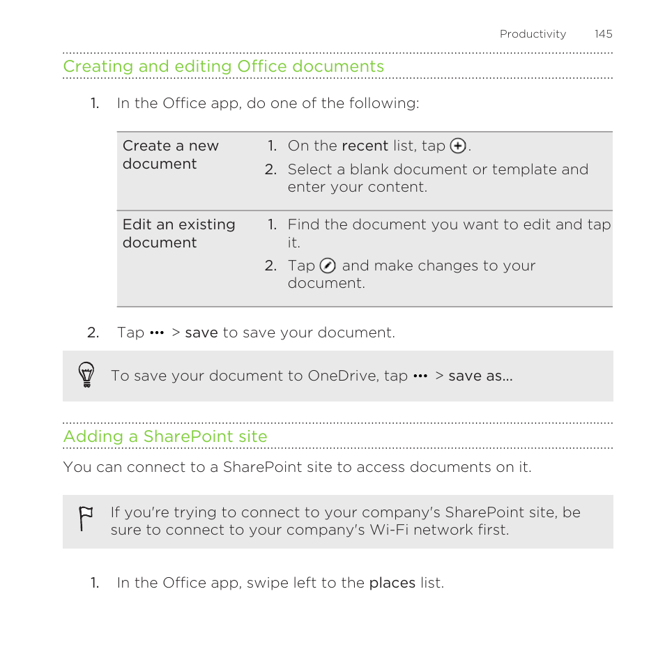 Creating and editing office documents, Adding a sharepoint site | HTC One M8 for Windows User Manual | Page 145 / 204