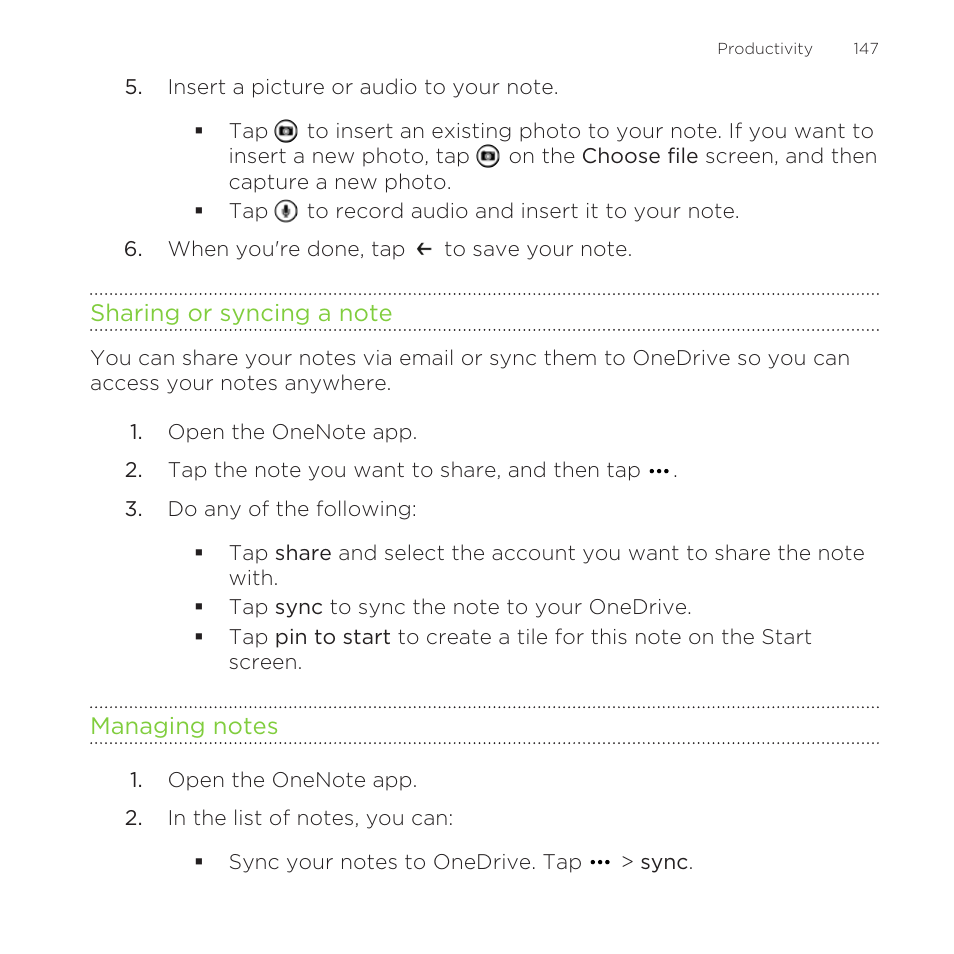 Sharing or syncing a note, Managing notes | HTC One M8 for Windows User Manual | Page 147 / 204