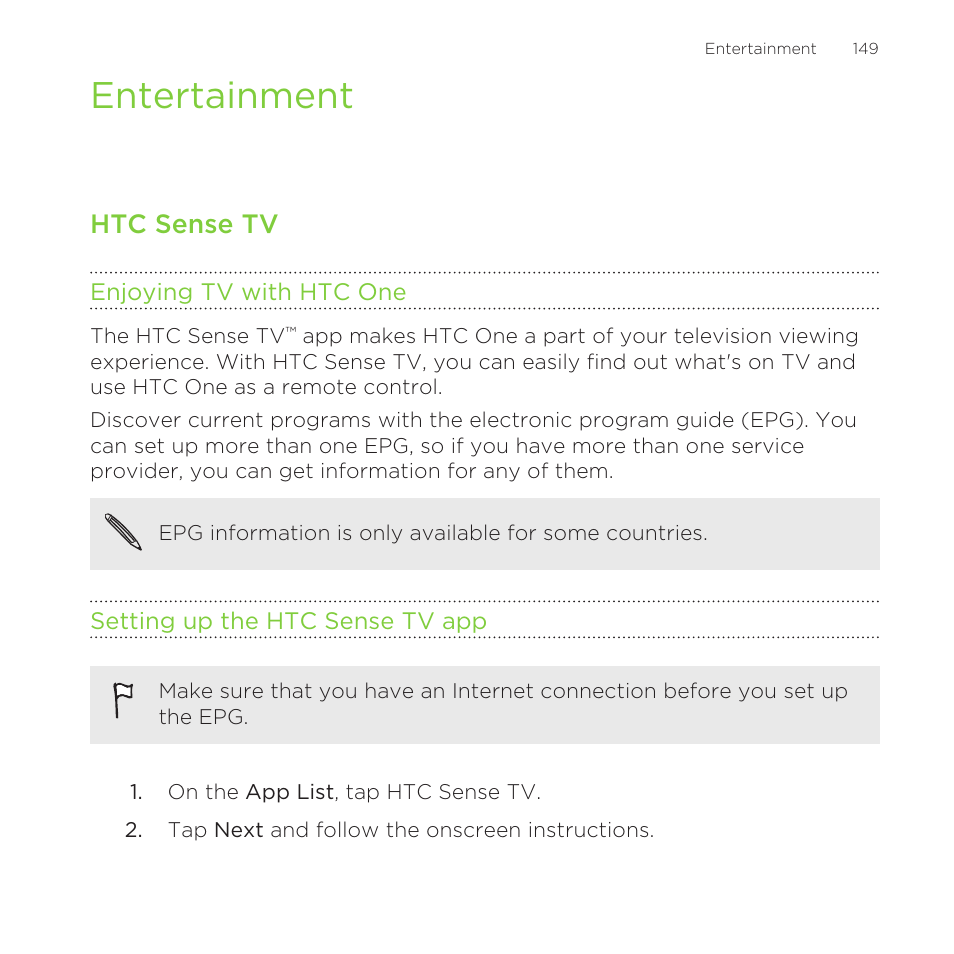 Entertainment, Htc sense tv, Enjoying tv with htc one | Setting up the htc sense tv app | HTC One M8 for Windows User Manual | Page 149 / 204