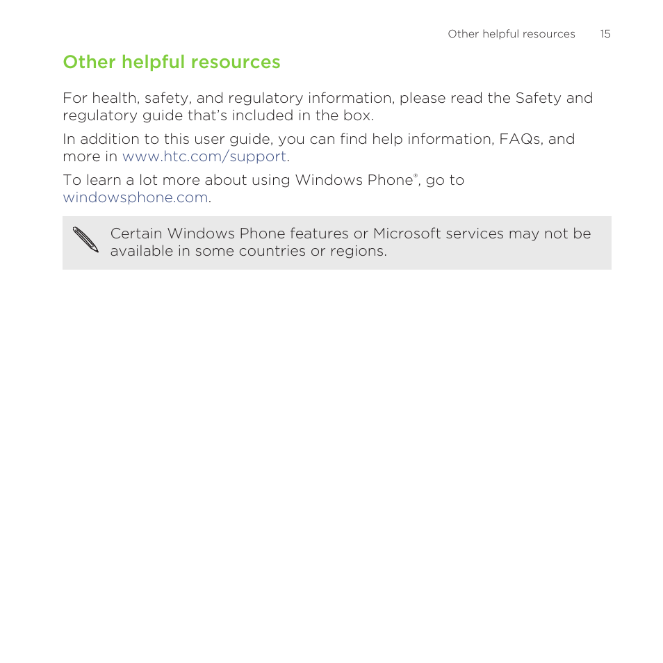 Other helpful resources | HTC One M8 for Windows User Manual | Page 15 / 204