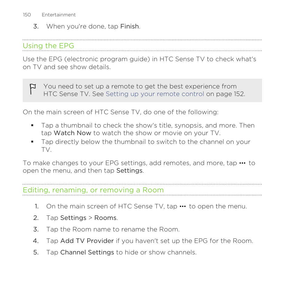 Using the epg, Editing, renaming, or removing a room | HTC One M8 for Windows User Manual | Page 150 / 204