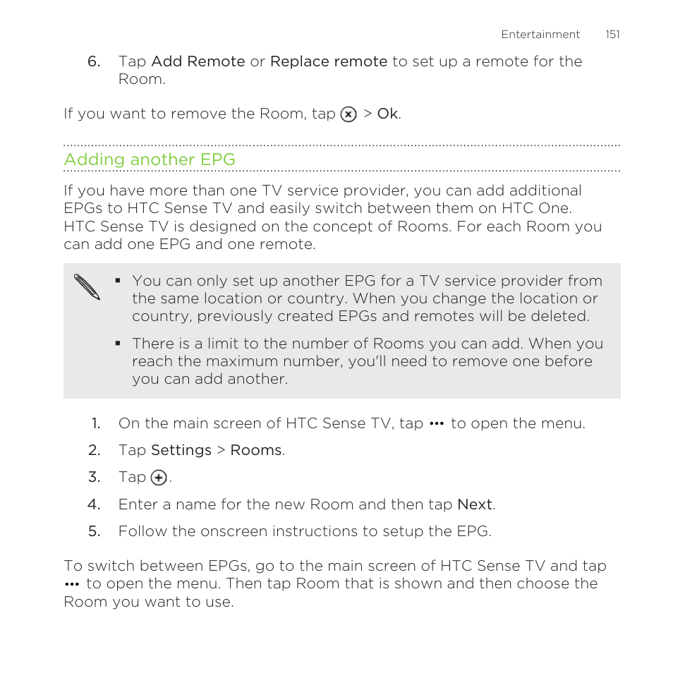 Adding another epg | HTC One M8 for Windows User Manual | Page 151 / 204