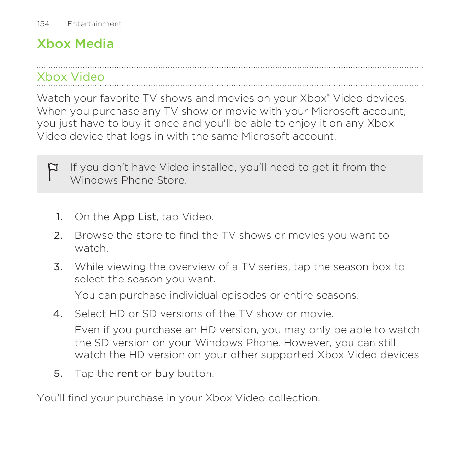 Xbox media, Xbox video | HTC One M8 for Windows User Manual | Page 154 / 204