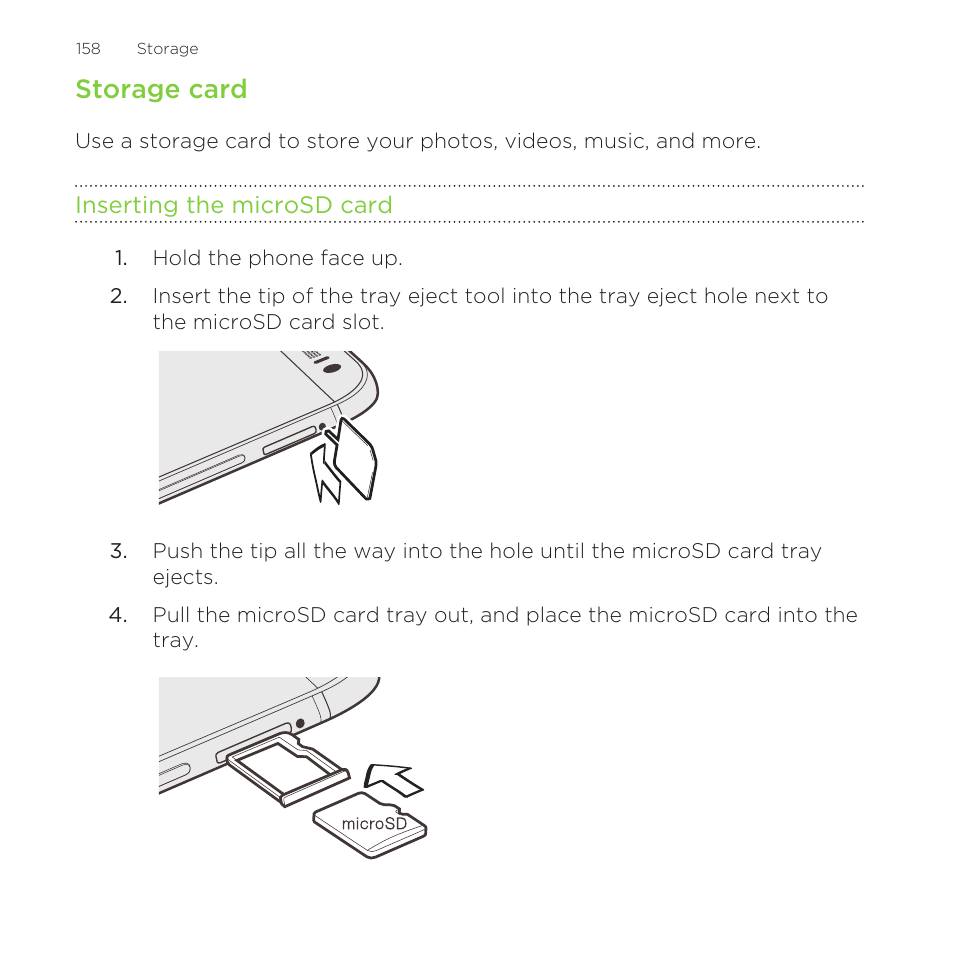 Storage card, Inserting the microsd card | HTC One M8 for Windows User Manual | Page 158 / 204