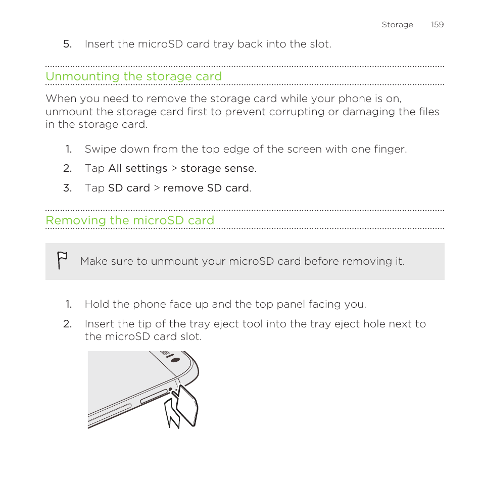 Unmounting the storage card, Removing the microsd card | HTC One M8 for Windows User Manual | Page 159 / 204