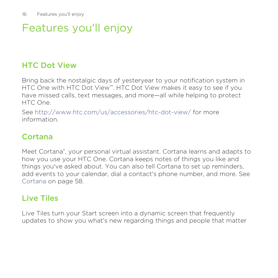 Features you'll enjoy, Htc dot view, Cortana | Live tiles | HTC One M8 for Windows User Manual | Page 16 / 204