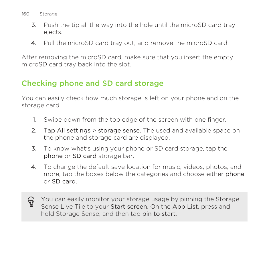 Checking phone and sd card storage | HTC One M8 for Windows User Manual | Page 160 / 204