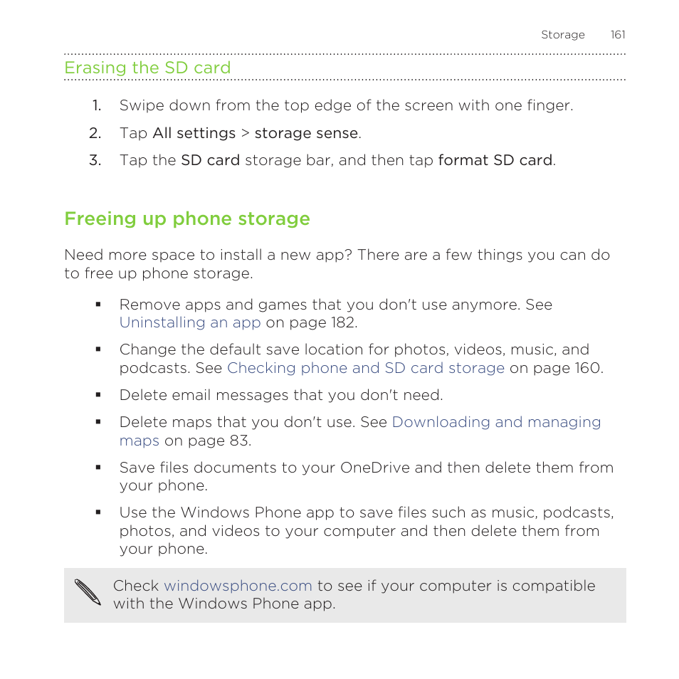 Erasing the sd card, Freeing up phone storage | HTC One M8 for Windows User Manual | Page 161 / 204