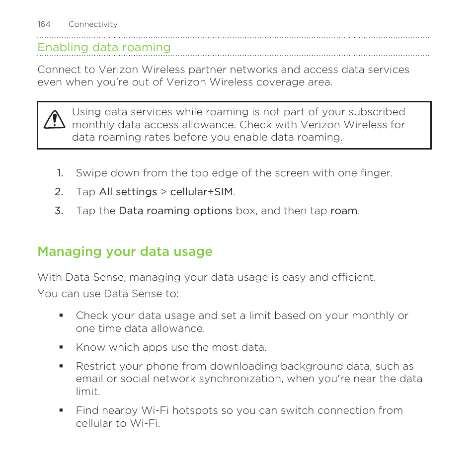 Enabling data roaming, Managing your data usage | HTC One M8 for Windows User Manual | Page 164 / 204