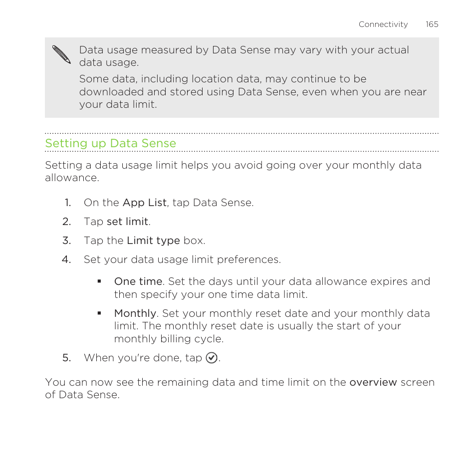 Setting up data sense | HTC One M8 for Windows User Manual | Page 165 / 204