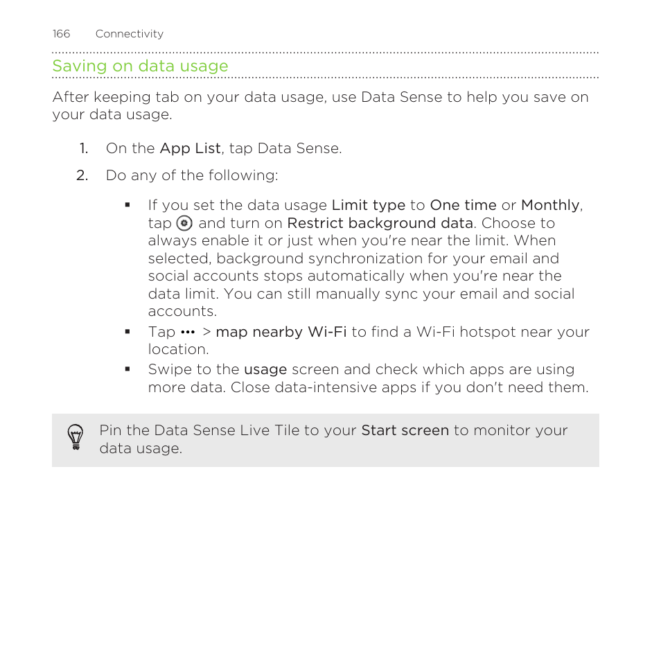 Saving on data usage | HTC One M8 for Windows User Manual | Page 166 / 204