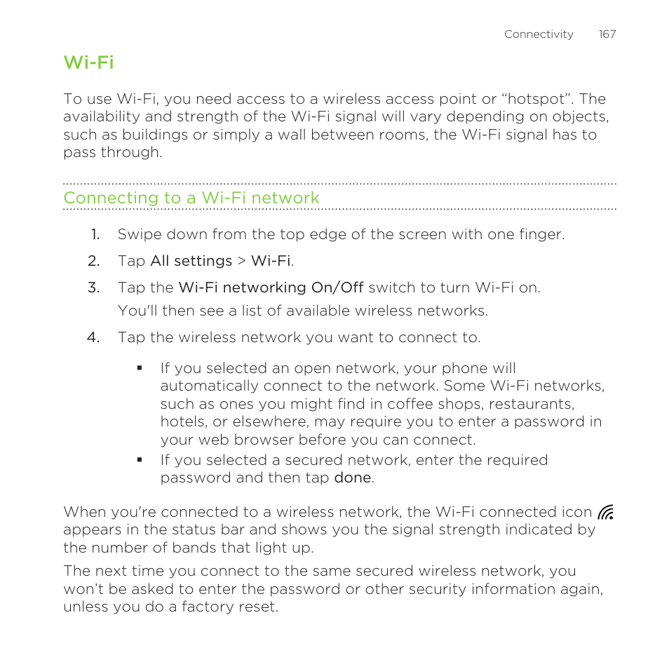 Wi‍-fi, Connecting to a wi‍-fi network, Wi-fi | HTC One M8 for Windows User Manual | Page 167 / 204