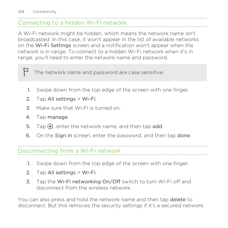 Connecting to a hidden wi‍-fi network, Disconnecting from a wi‍-fi network | HTC One M8 for Windows User Manual | Page 168 / 204
