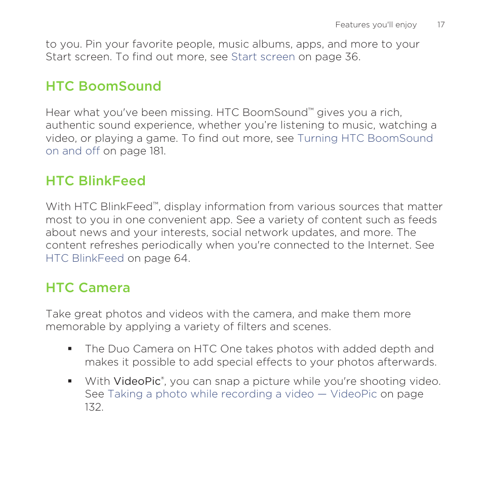 Htc boomsound, Htc blinkfeed, Htc camera | HTC One M8 for Windows User Manual | Page 17 / 204