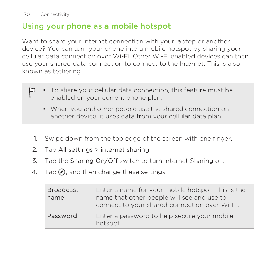 Using your phone as a mobile hotspot | HTC One M8 for Windows User Manual | Page 170 / 204