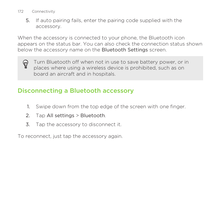 Disconnecting a bluetooth accessory | HTC One M8 for Windows User Manual | Page 172 / 204