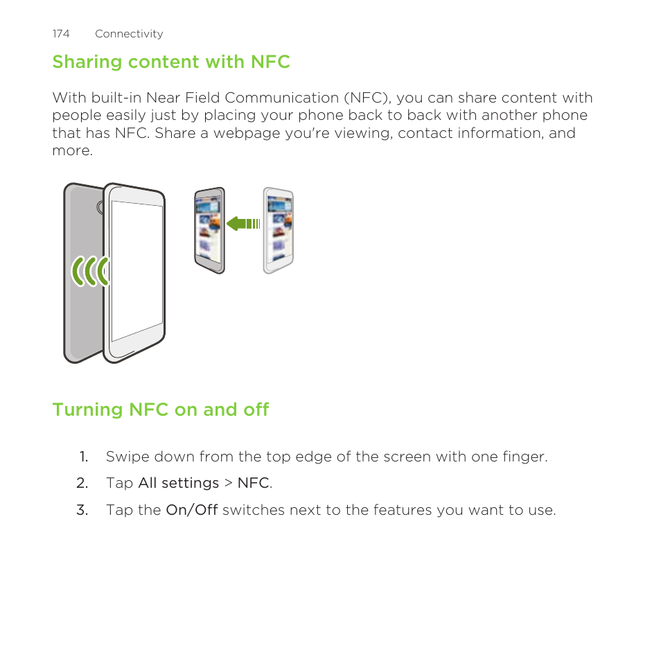 Sharing content with nfc, Turning nfc on and off | HTC One M8 for Windows User Manual | Page 174 / 204