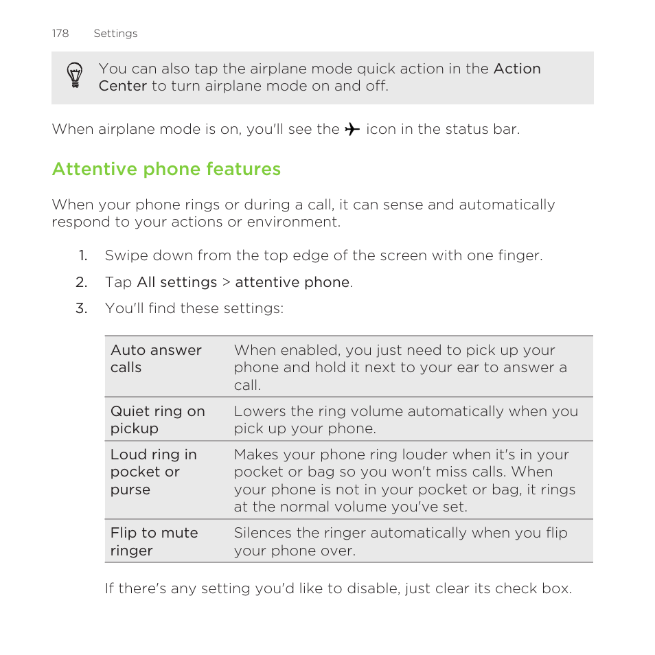 Attentive phone features | HTC One M8 for Windows User Manual | Page 178 / 204