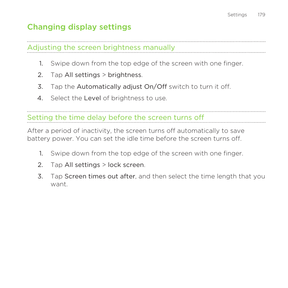 Changing display settings, Adjusting the screen brightness manually, Setting the time delay before the screen turns off | HTC One M8 for Windows User Manual | Page 179 / 204