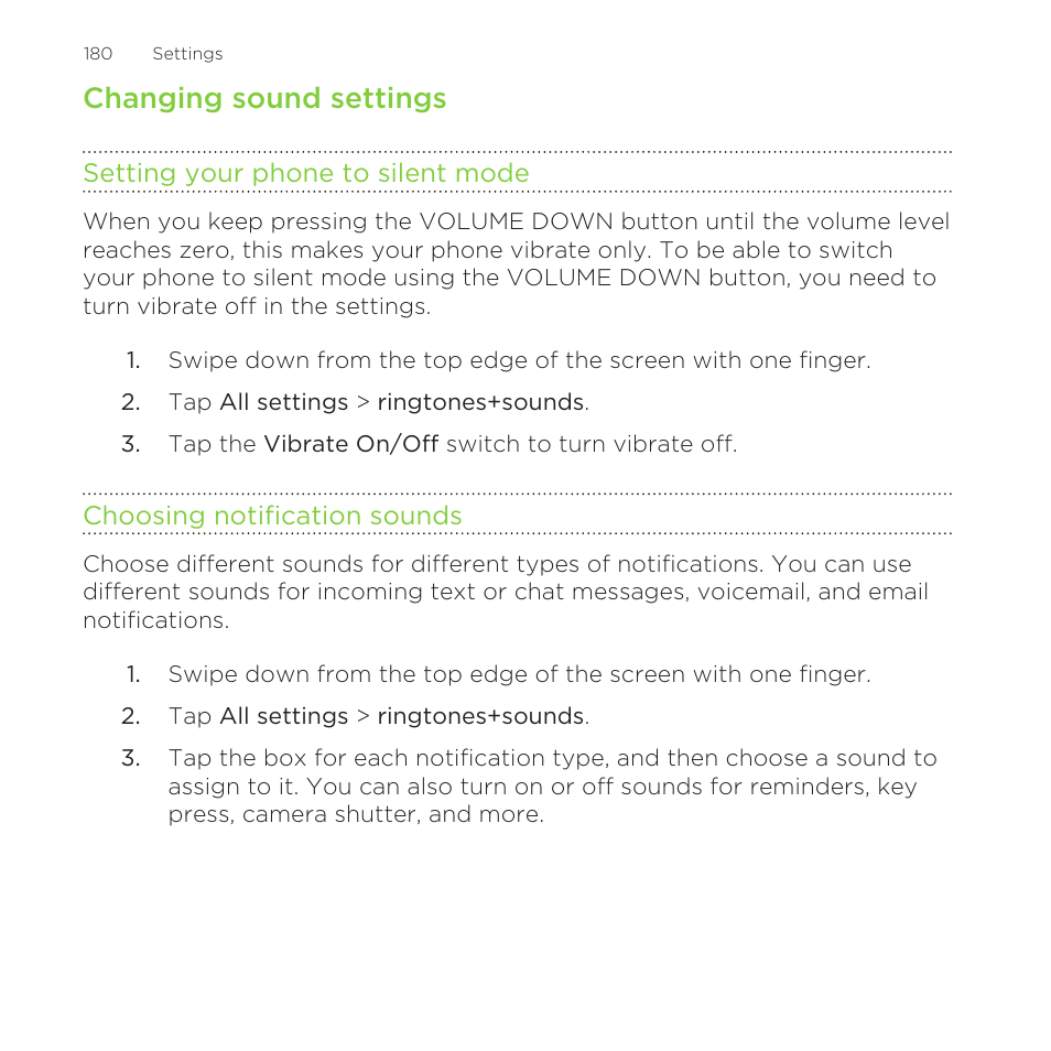 Changing sound settings, Setting your phone to silent mode, Choosing notification sounds | HTC One M8 for Windows User Manual | Page 180 / 204