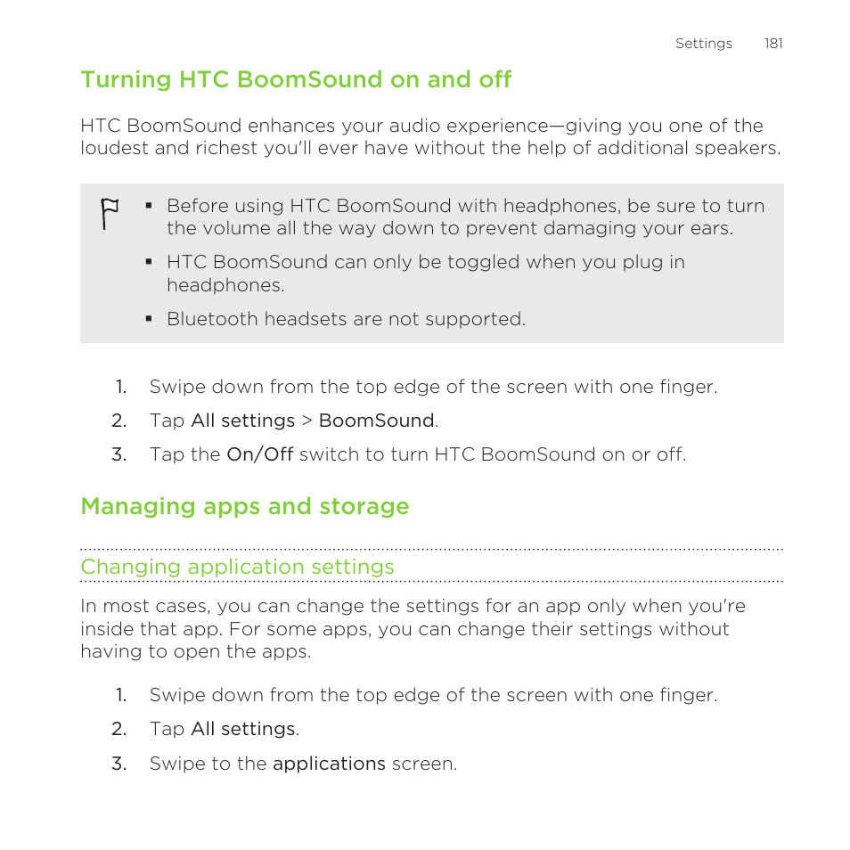 Turning htc boomsound on and off, Managing apps and storage, Changing application settings | Video, or playing a game. to find out more, see, Turning htc boomsound, On and off | HTC One M8 for Windows User Manual | Page 181 / 204
