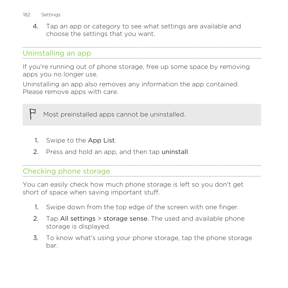 Uninstalling an app, Checking phone storage | HTC One M8 for Windows User Manual | Page 182 / 204