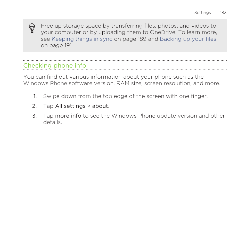 Checking phone info | HTC One M8 for Windows User Manual | Page 183 / 204