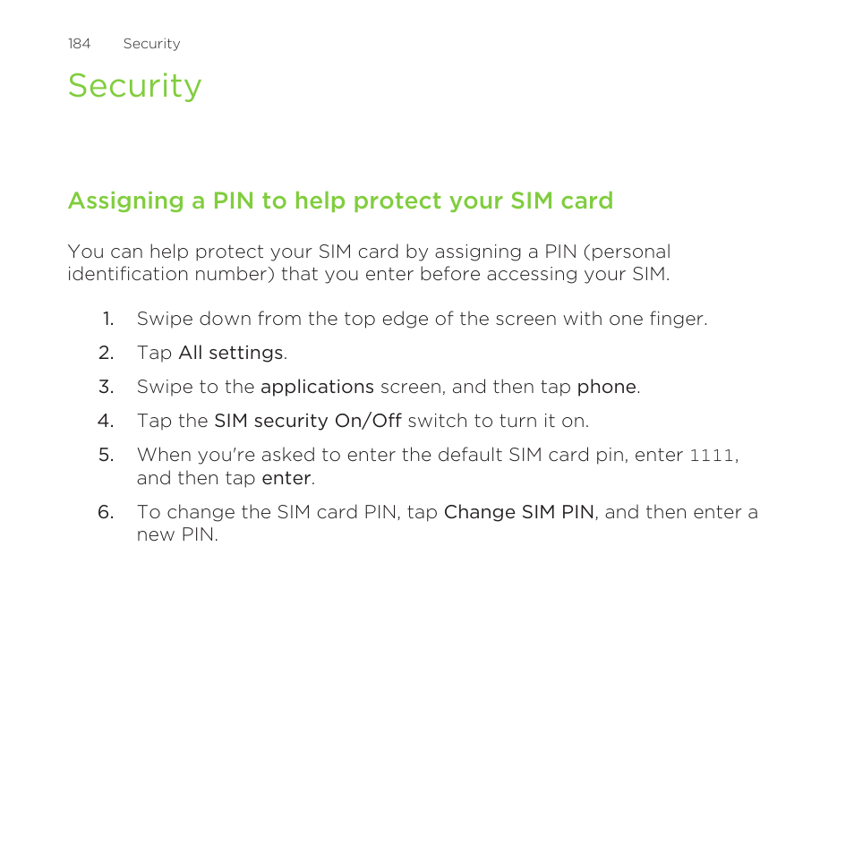 Security, Assigning a pin to help protect your sim card | HTC One M8 for Windows User Manual | Page 184 / 204