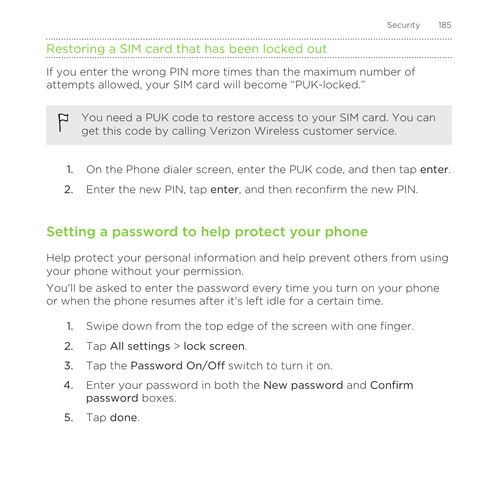 Restoring a sim card that has been locked out, Setting a password to help protect your phone | HTC One M8 for Windows User Manual | Page 185 / 204