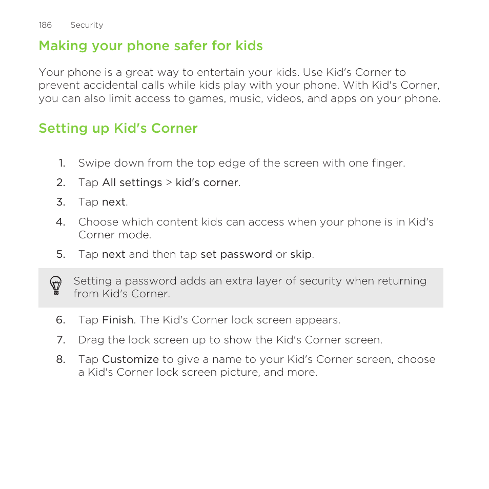 Making your phone safer for kids, Setting up kid's corner | HTC One M8 for Windows User Manual | Page 186 / 204