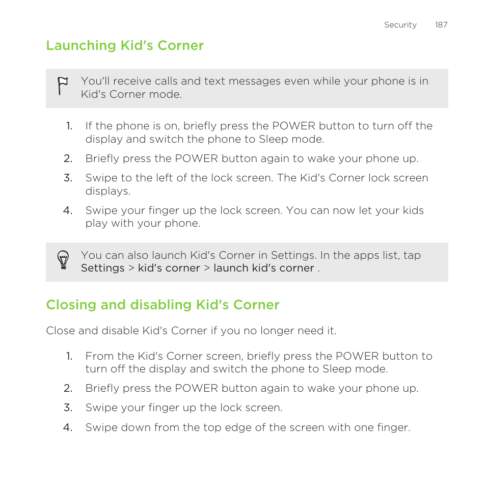 Launching kid's corner, Closing and disabling kid's corner | HTC One M8 for Windows User Manual | Page 187 / 204