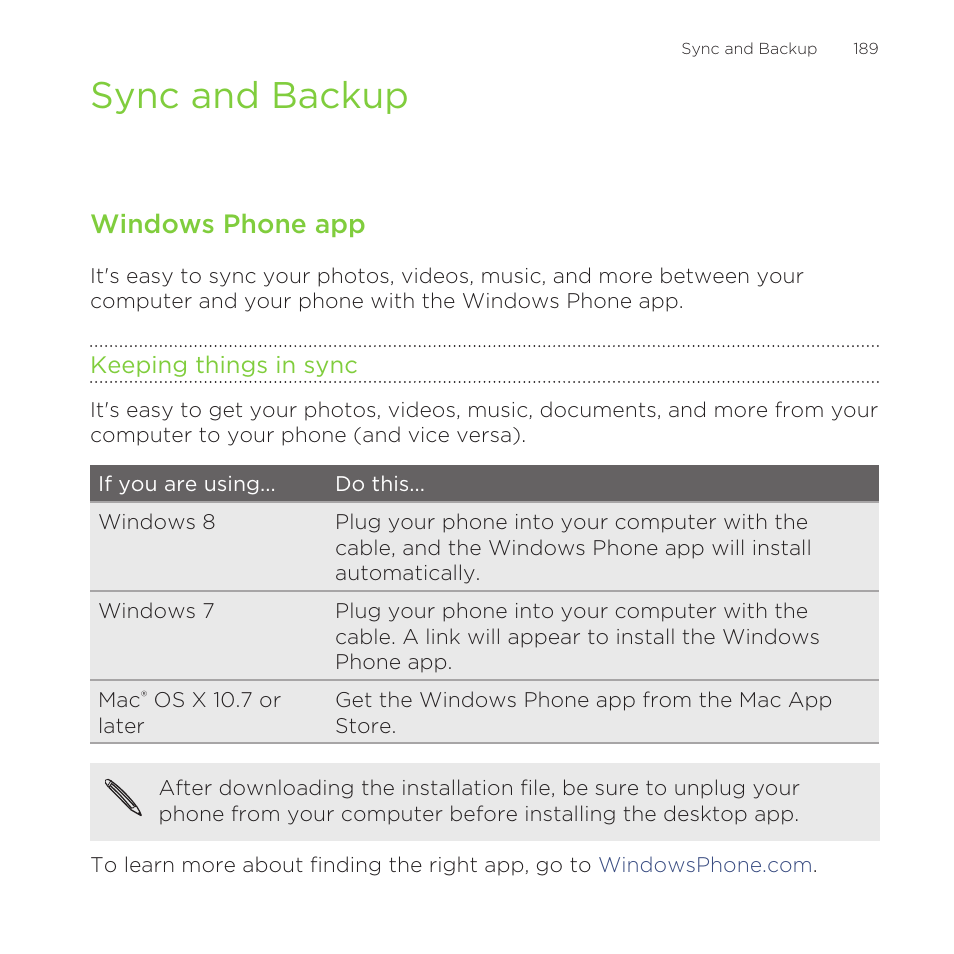 Sync and backup, Windows phone app, Keeping things in sync | HTC One M8 for Windows User Manual | Page 189 / 204