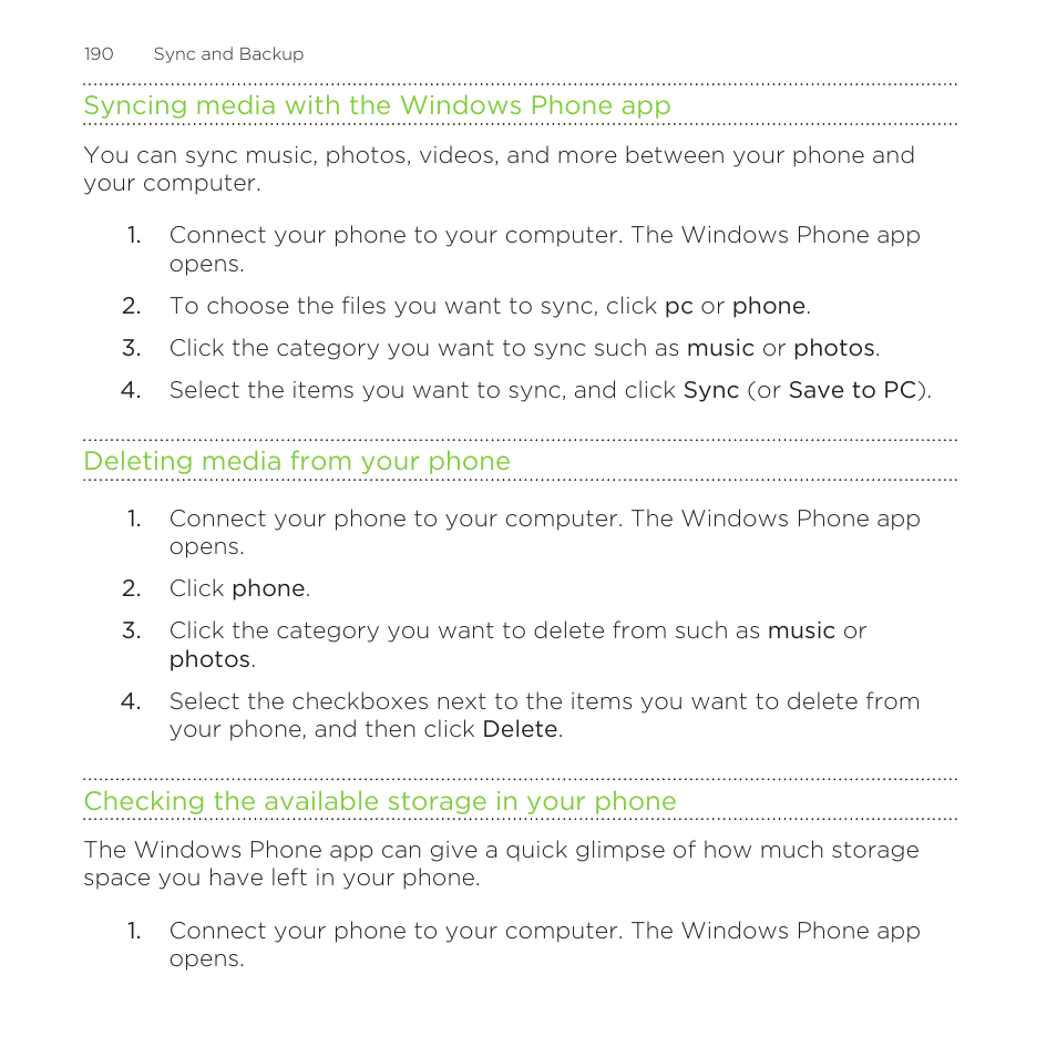 Syncing media with the windows phone app, Deleting media from your phone, Checking the available storage in your phone | HTC One M8 for Windows User Manual | Page 190 / 204