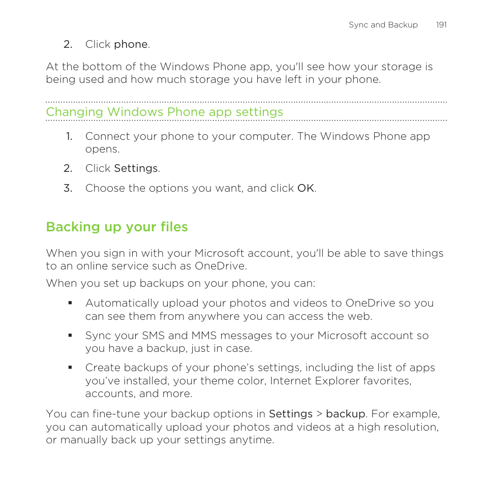 Changing windows phone app settings, Backing up your files | HTC One M8 for Windows User Manual | Page 191 / 204