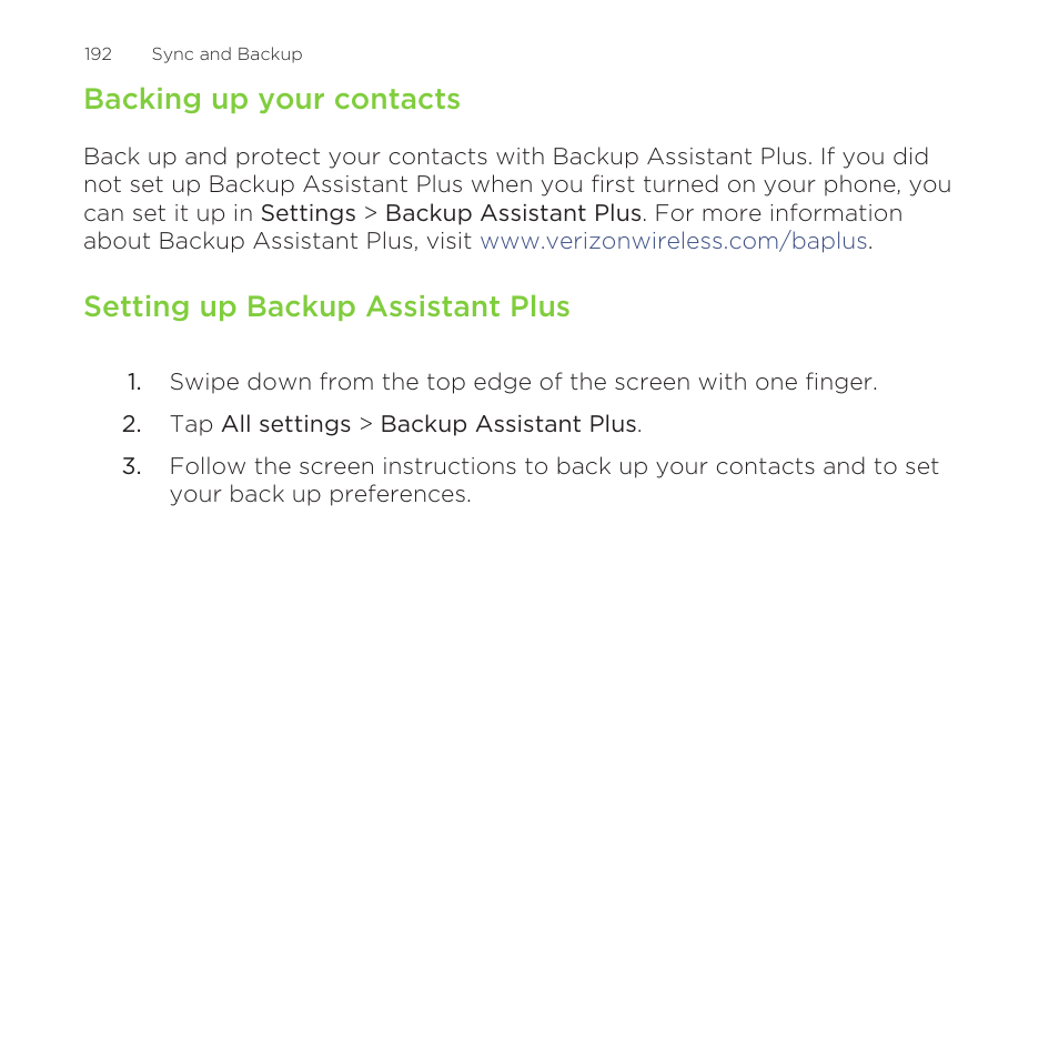 Backing up your contacts, Setting up backup assistant plus | HTC One M8 for Windows User Manual | Page 192 / 204