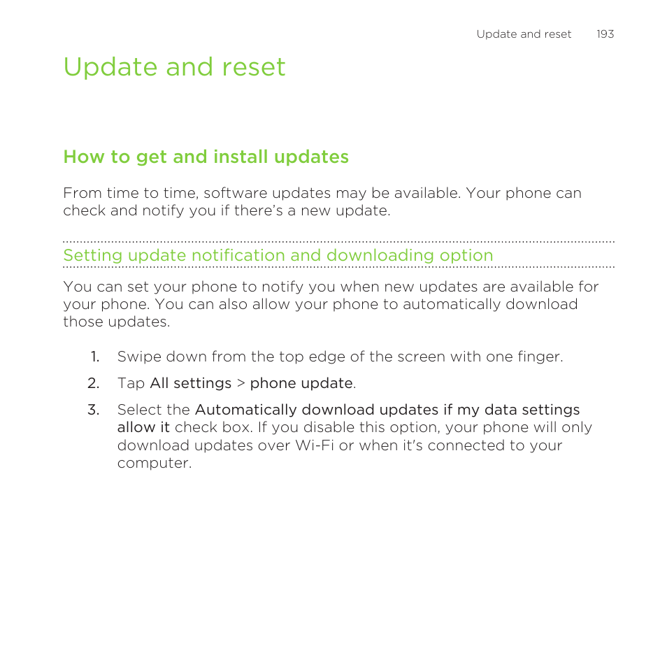Update and reset, How to get and install updates, Setting update notification and downloading option | HTC One M8 for Windows User Manual | Page 193 / 204