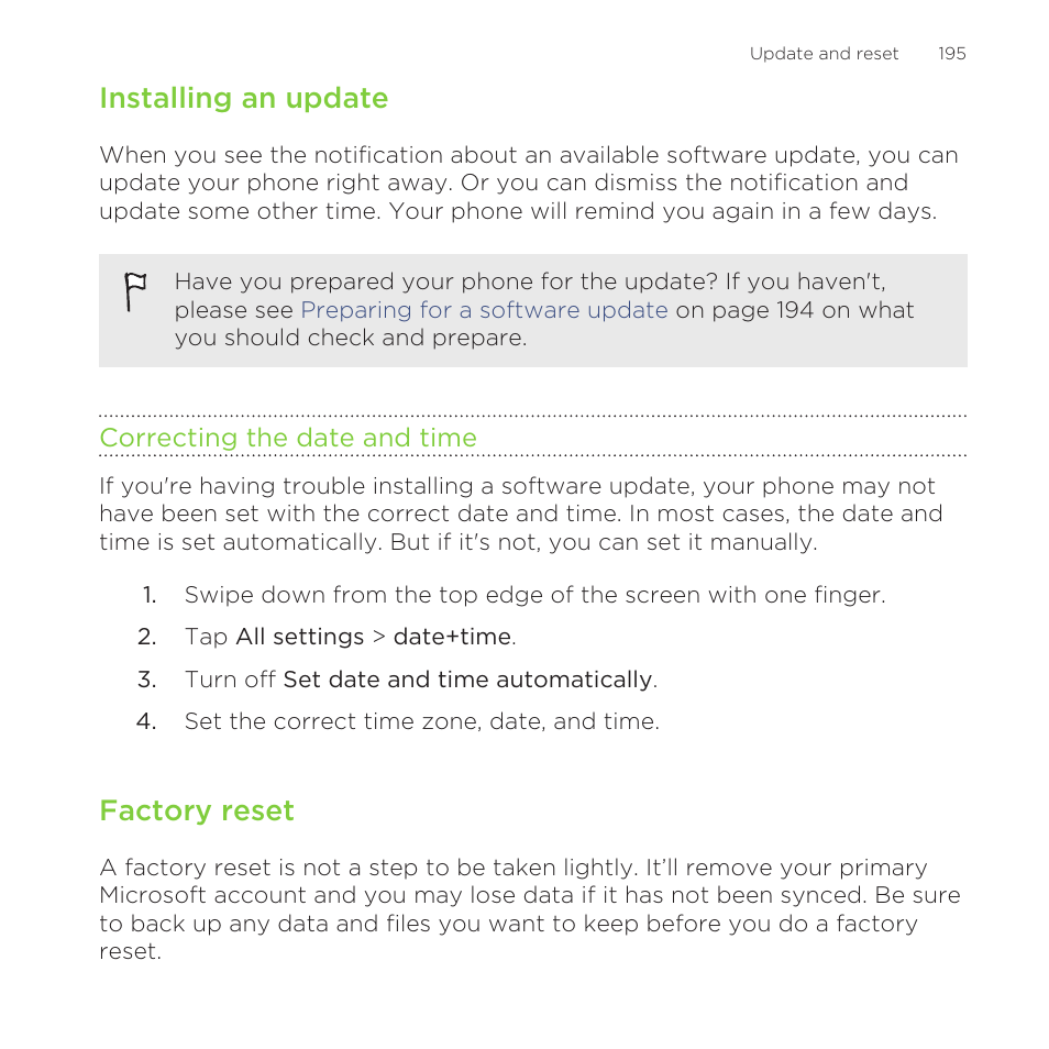 Installing an update, Correcting the date and time, Factory reset | HTC One M8 for Windows User Manual | Page 195 / 204