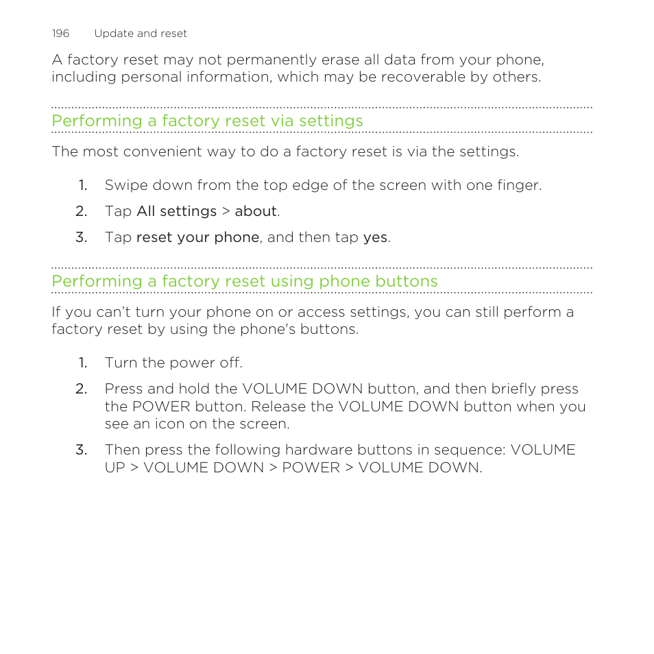 Performing a factory reset via settings, Performing a factory reset using phone buttons | HTC One M8 for Windows User Manual | Page 196 / 204