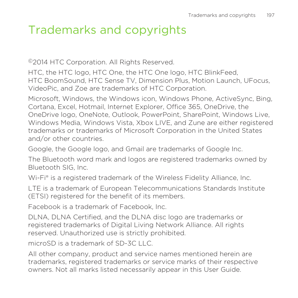 Trademarks and copyrights | HTC One M8 for Windows User Manual | Page 197 / 204