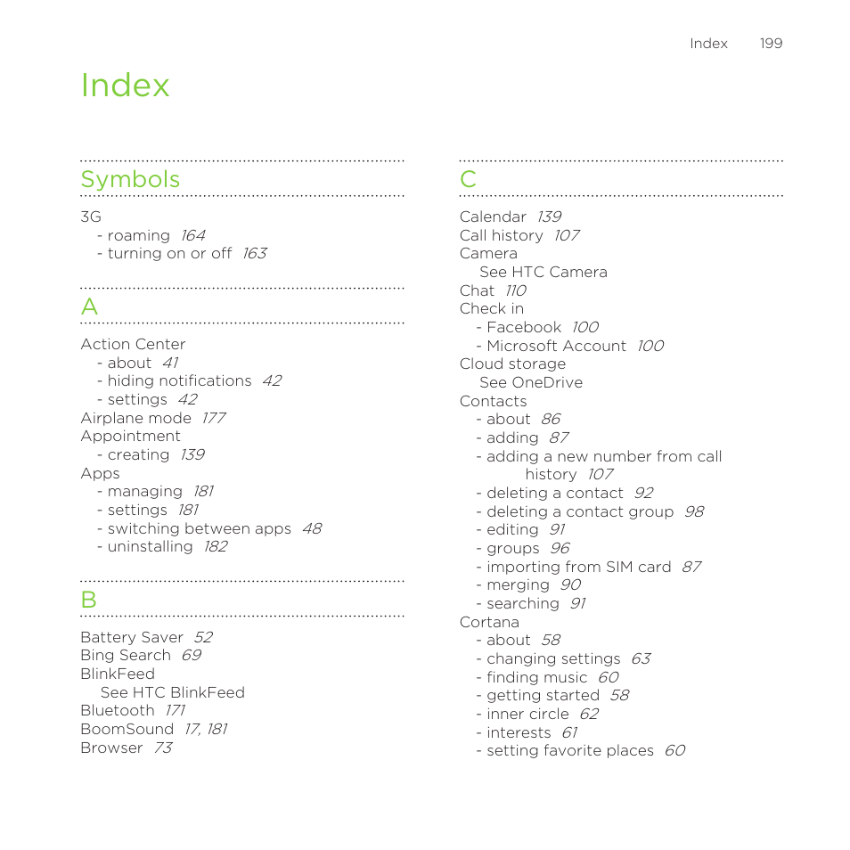 Index, Symbols | HTC One M8 for Windows User Manual | Page 199 / 204