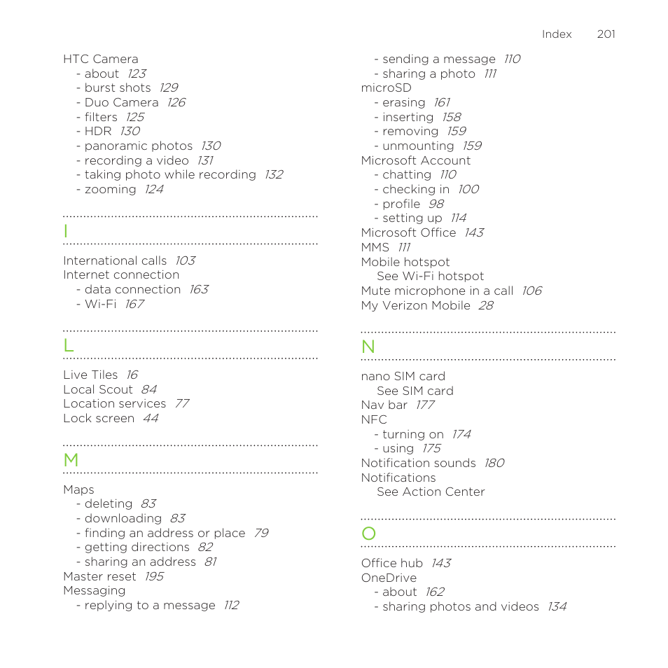 See htc camera, See onedrive | HTC One M8 for Windows User Manual | Page 201 / 204