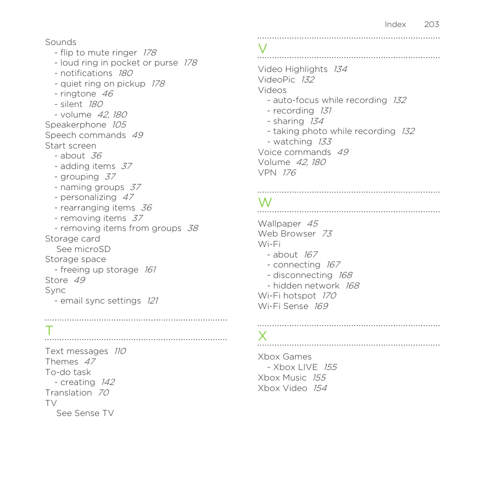 See xbox games, See wi-fi hotspot | HTC One M8 for Windows User Manual | Page 203 / 204