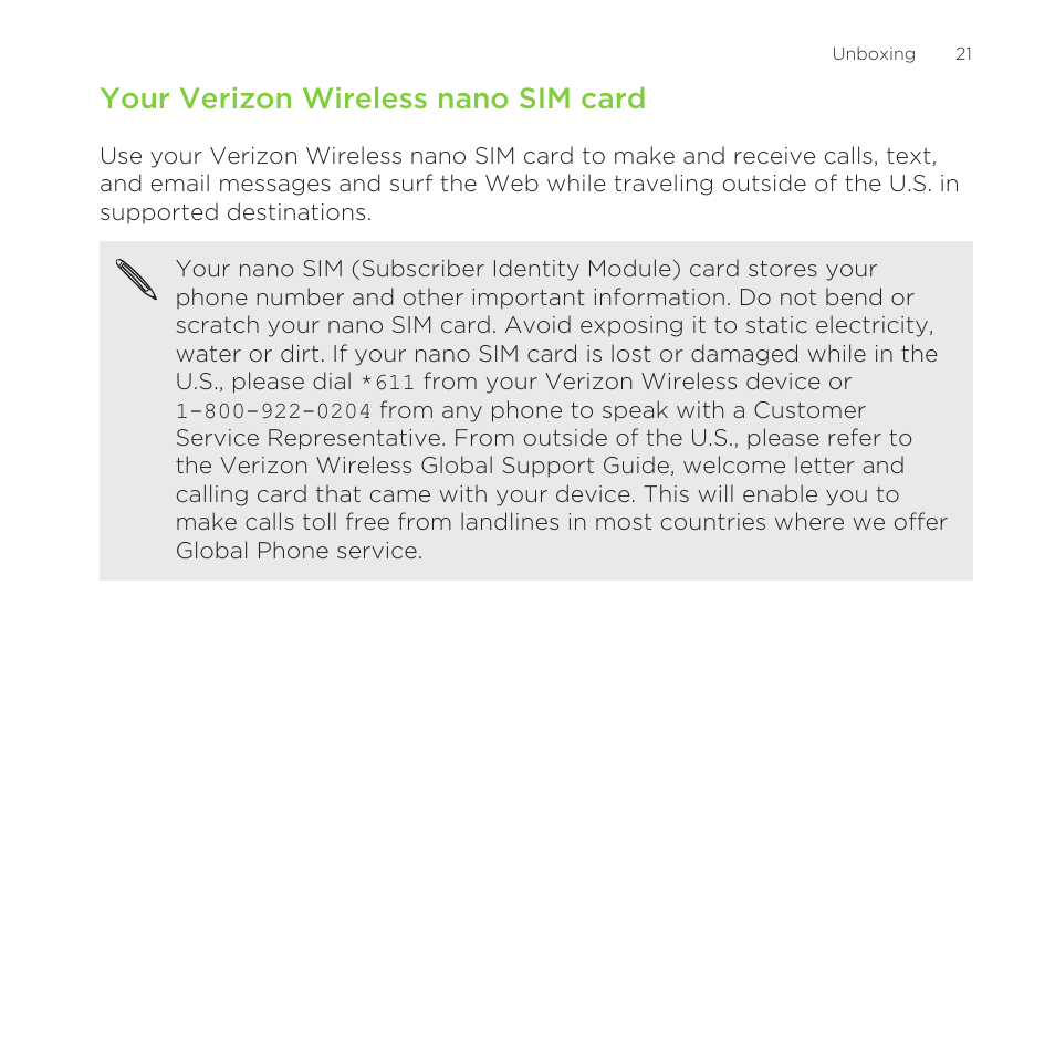 Your verizon wireless nano sim card | HTC One M8 for Windows User Manual | Page 21 / 204