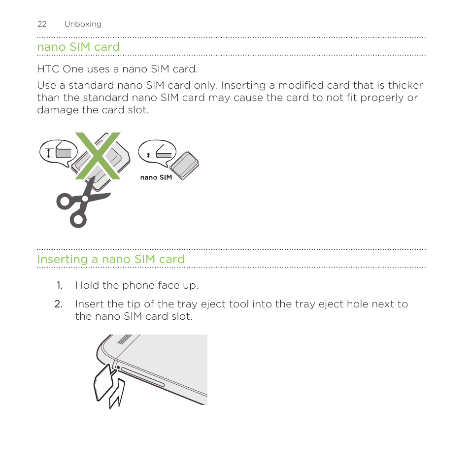 Nano sim card, Inserting a nano sim card | HTC One M8 for Windows User Manual | Page 22 / 204